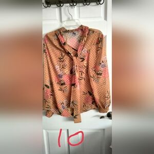 Bare Anthology Floral Tie-Neck Blouse - Tan and Pink